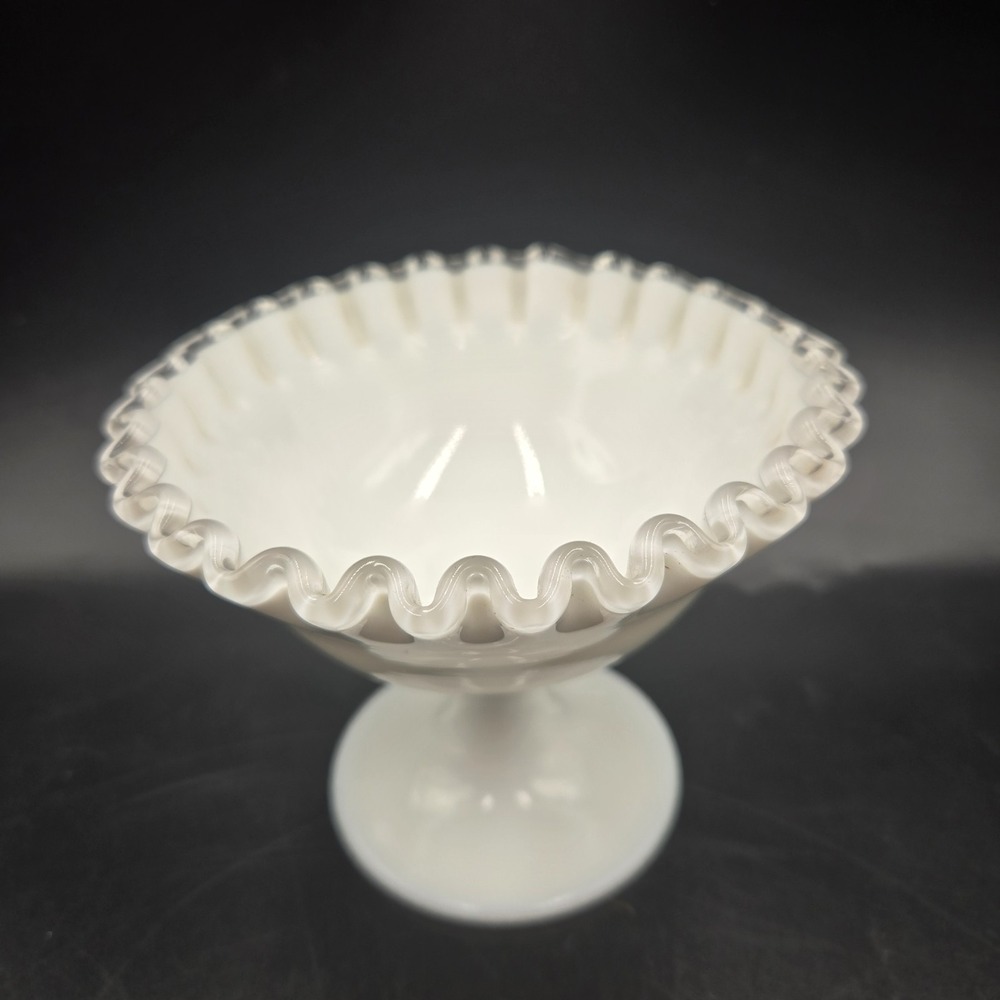 Fenton‎ Silver Crest Milk Glass Compote Pedestal Candy Dish Ruffled Bowl 5"D VTG